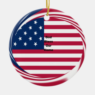 Välsigna dig vårt hem: USA flagga Swirl Art Julgransprydnad Keramik