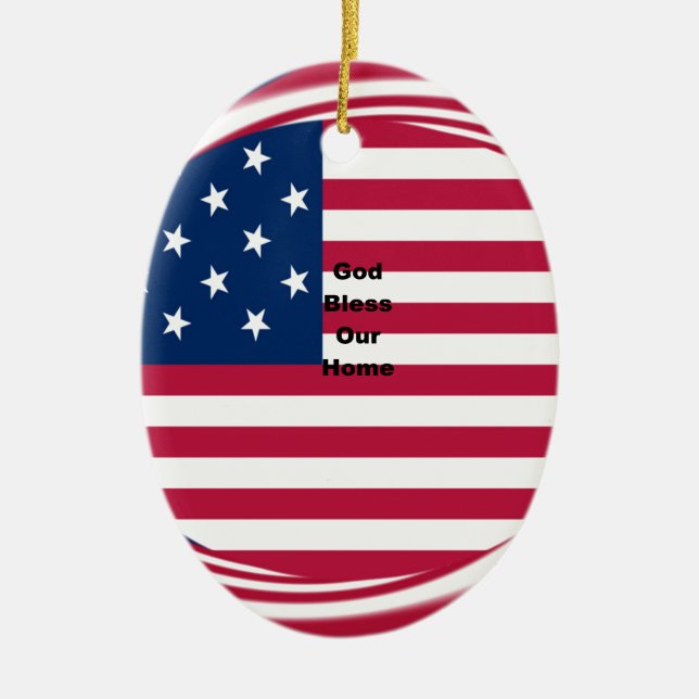 Välsigna dig vårt hem: USA flagga Swirl Art Julgransprydnad Keramik (Framsidan)