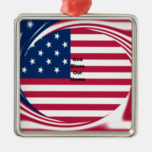 Välsigna dig vårt hem: USA flagga Swirl Art Julgransprydnad Metall