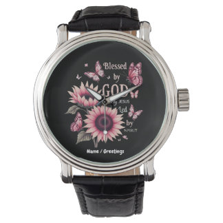 Välsignad av Gud älskad av Jesus Rosa Solros Faith Armbandsur