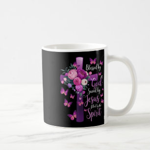 Välsignad av Gud Räddad av Jesus Lila Blommig Kors Kaffemugg