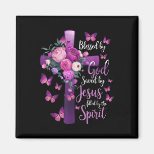 Välsignad av Gud Räddad av Jesus Lila Blommig Kors Magnet