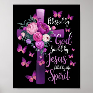Välsignad av Gud Räddad av Jesus Lila Blommig Kors Poster