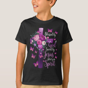 Välsignad av Gud Räddad av Jesus Lila Blommig Kors T Shirt