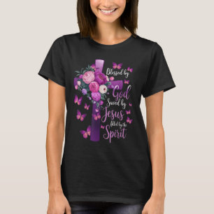 Välsignad av Gud Räddad av Jesus Lila Blommig Kors T Shirt