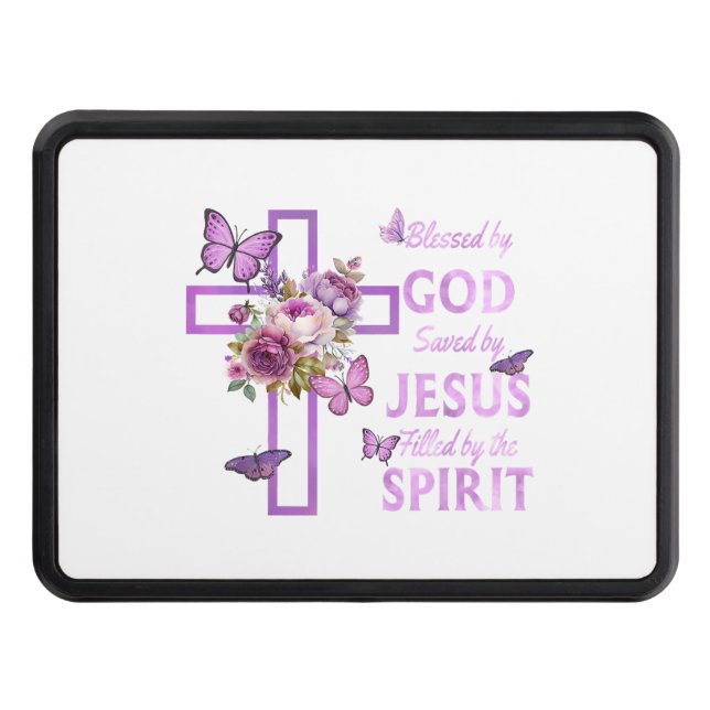 Välsignad av Gud Sparad av Jesus Lila Blommigt Kor Dragkroksskydd (Framsidan)