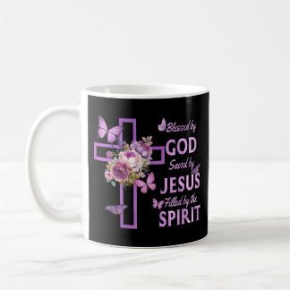 Välsignad av Gud Sparad av Jesus Lila Blommigt Kor Kaffemugg