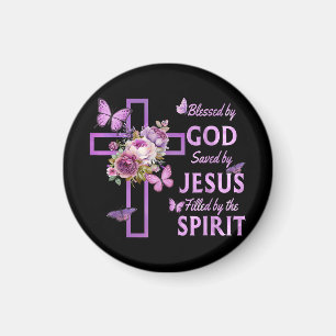 Välsignad av Gud Sparad av Jesus Lila Blommigt Kor Magnet