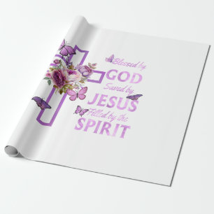 Välsignad av Gud Sparad av Jesus Lila Blommigt Kor Presentpapper