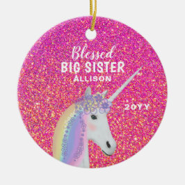 Välsignad Big Sister Unicorn Rosa Glitter Monogram Julgransprydnad Keramik