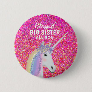 Välsignad Big Sister Unicorn Rosa Glitter Namn Knapp