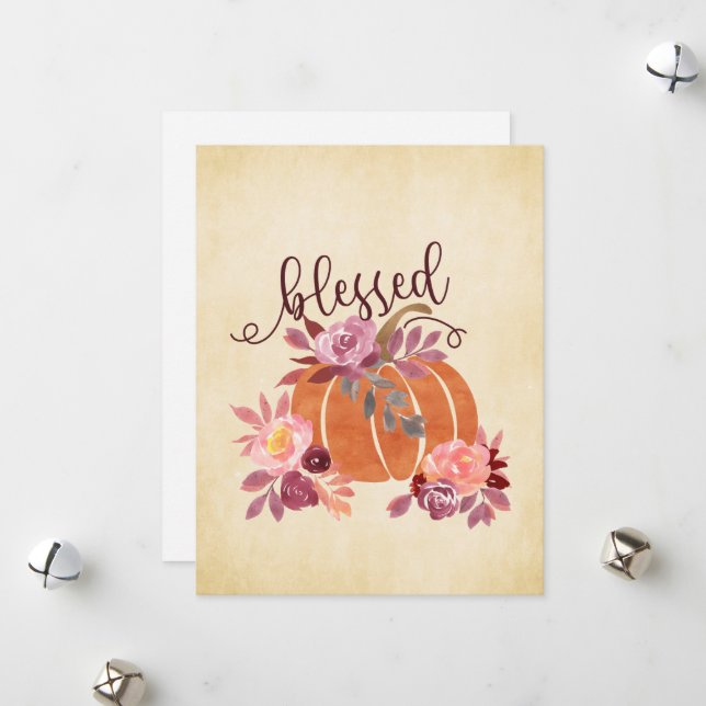 Välsignad - Fallhöst Höstpumpa med Rosa Blommor Julkort (Fram/Back In Situ)