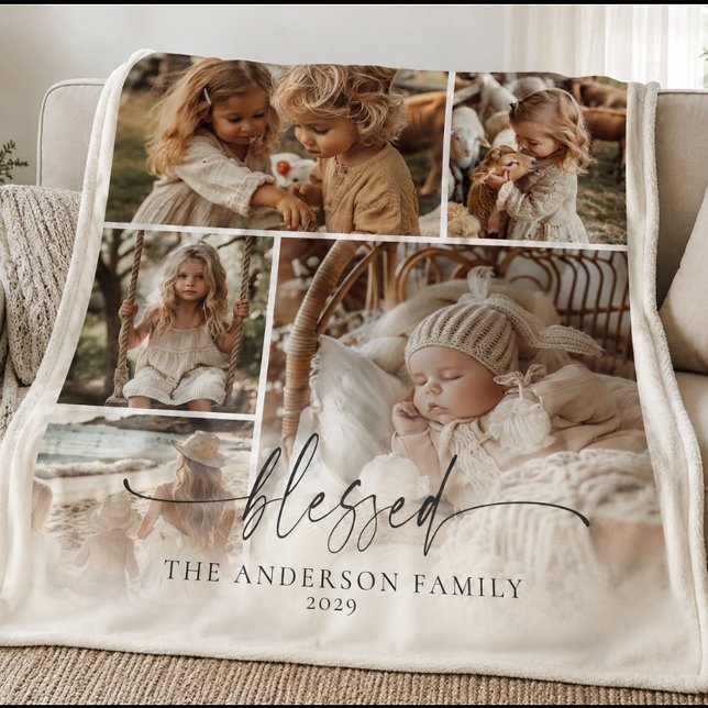 Välsignad familjefotokollage som minne  fleecefilt (Blessed Elegant Photo Collage Blanket)