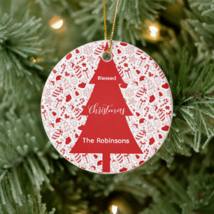 Välsignad jul röd julgran doodle konst julgransprydnad keramik