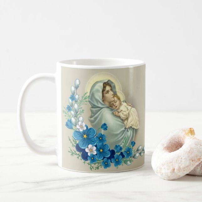 Välsignad jungfrulig Mary Jesus blommaMemorare bön Kaffemugg (Med munk)