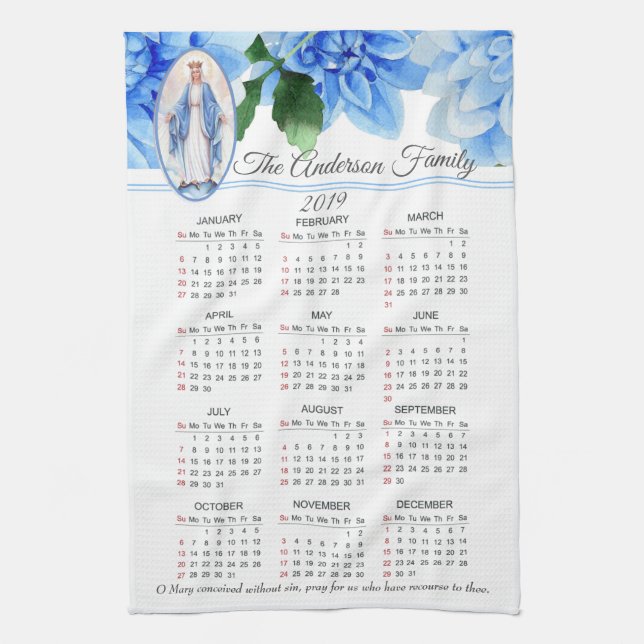 Välsignad jungfrulig Mary kalender för 2019 Kökshandduk (Vertikal)