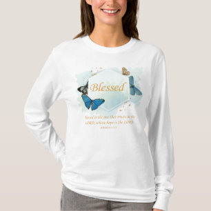 Välsignad - Kvinnors kristna tro på Butterfly Vers T Shirt
