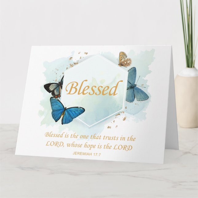 Välsignad - Kvinnors kristna tro på Butterfly Vers Tack Kort (Framsida)