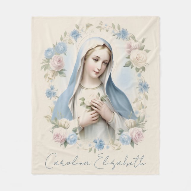 Välsignad Mary Religiösa Blommigt Rosa ros Fleecefilt (Framsidan)