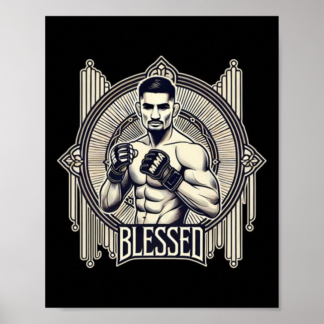 Välsignad Mma Bjj Kickboxing Muay Thai Boxing Cage Poster (Framsidan)