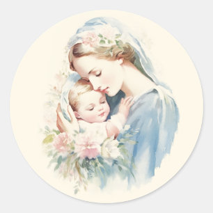 Välsignad Mor Mary Baby Jesus Religiösa Pastel Runt Klistermärke