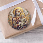 Välsignad Mor Mary och Baby Jesus | Jul Runt Klistermärke<br><div class="desc">Virgin Mary med Baby Jesus i en bricka i stil-klistermärken för en religiösa,  jul eller Påsk.</div>