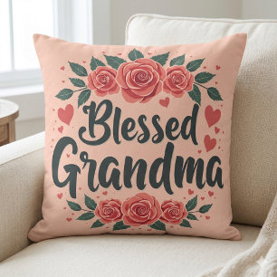 Välsignad Mormor Blommig Vintage Rosor Typografi Kudde