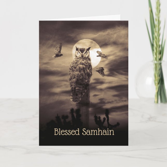 Välsignad Samhain med uggla och dikt Kort (Framsida)