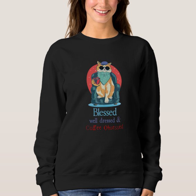 Välsignad Välklädd Och Kaffe Besatt Katt T Shirt (Framsida)