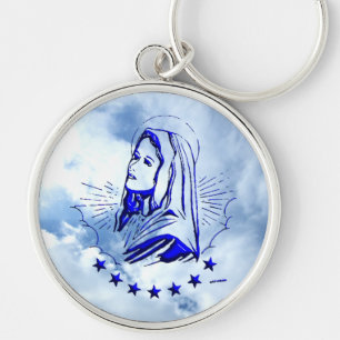 Välsignad Virgin Mary - Guds Mor Rund Silverfärgad Nyckelring