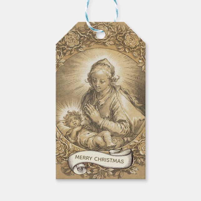 Välsignad Virgin Mary Jesus Vintage Presentetikett (Framsidan)