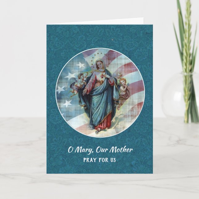 Välsignad Virgin Mary med Angel American Flagga Kort (Framsida)