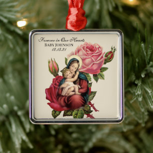 Välsignad Virgin Mary med Baby Jesus Vintage Ro Julgransprydnad Metall