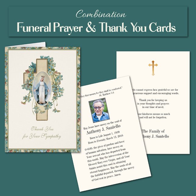 Välsignad Virgin Mary Religiösa Funeral Condolence Hälsningskort (Combination Blessed Virgin Mary, Our Lady of Grace, Funeral Memorial Prayer and Thank You Cards)