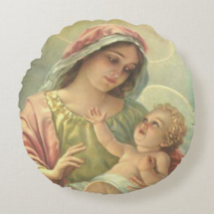 Välsignat jungfruligt Mary innehav babyen Jesus Rund Kudde