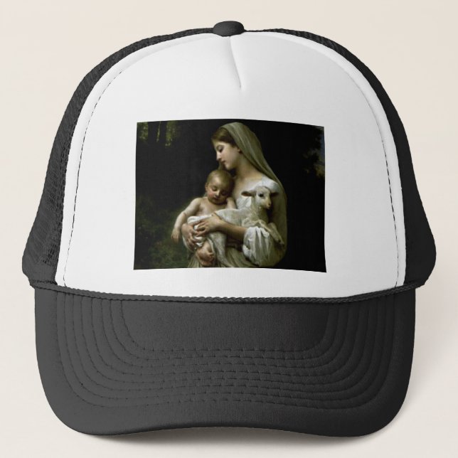 Välsignat Virgin Mary Holding Child Jesus och Lamb Truckerkeps (Framsida)