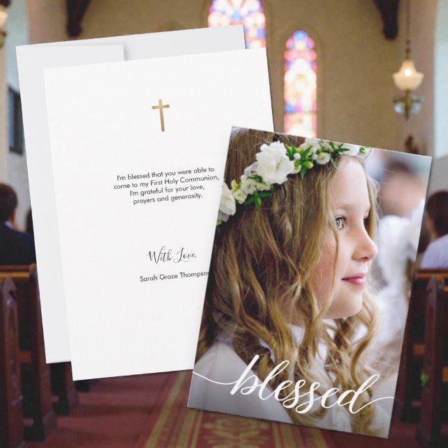 Välsignerat förstahandsfoto - tack kort (Blessed 1st holy communion, custom photo gold cross thank you message card.)