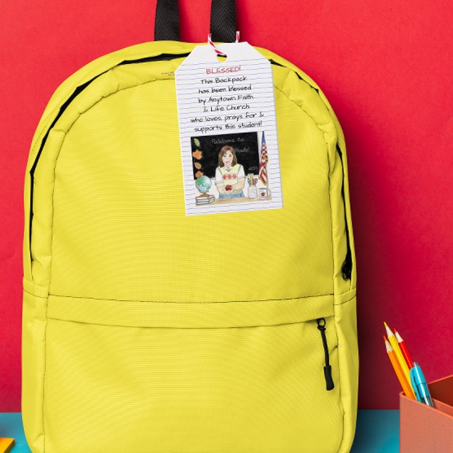 Vältning av ryggsäcksapplet för lärare presentetikett (Skapare uppladdad)