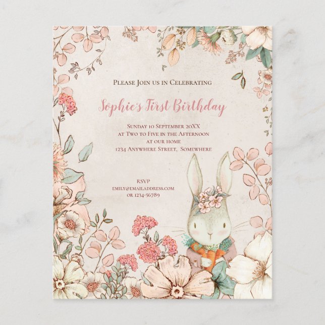 Value Bunny Floral 1-års födelsedagsinbjudan för f Flygblad (Framsidan)