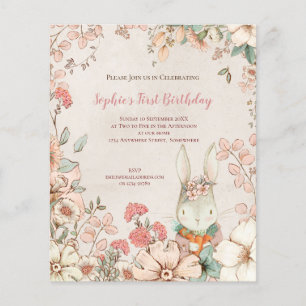 Value Bunny Floral 1-års födelsedagsinbjudan för f Flygblad