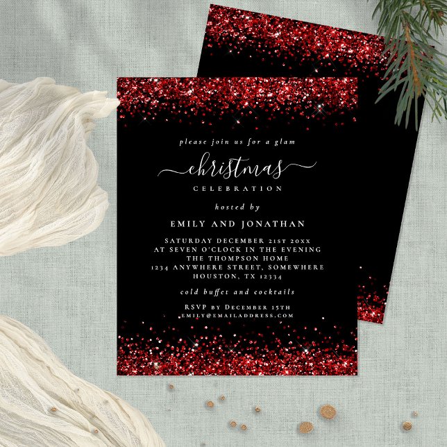 Value Red Glitter jul Party Black Inbjudan Flygblad (Front and back view)