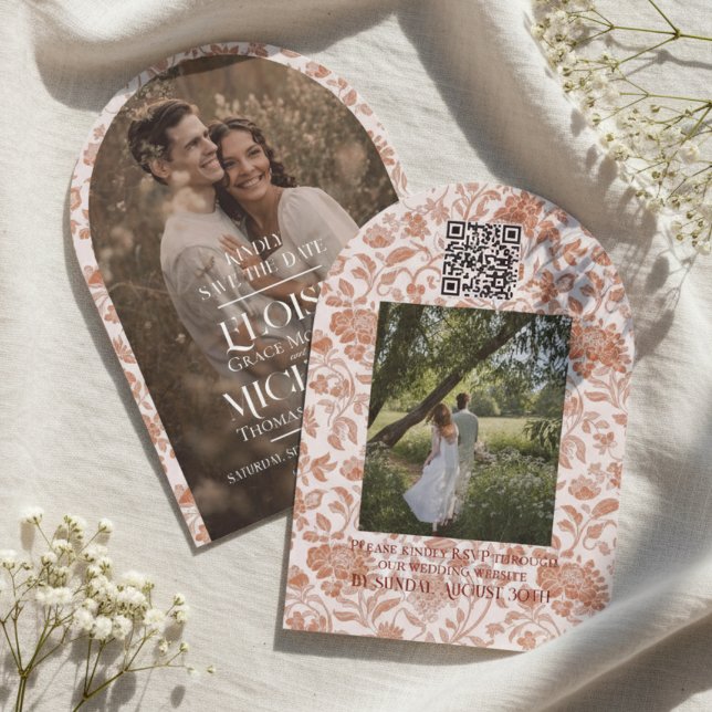 Valv Fotografi Blommig Toile Skrift Spara Datumet Inbjudningar (Formally invite guests to your big day with this Arch Photo Floral Toile Script Save the Date!)