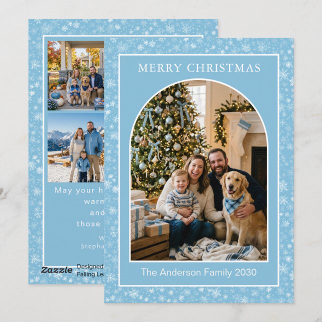 Valv Multi-Foto Familj Blå Vinter Snöflinga Julkort (Fram/baksida)
