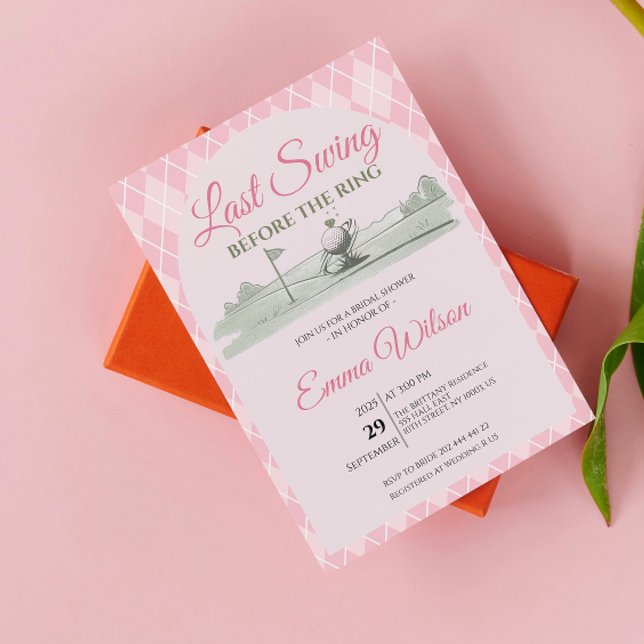 Valv sista svängningen före ringen Rosa bröllopsdu Inbjudningar (last swing before the ring bridal shower invitations cocktails and country clubs green and pink time)