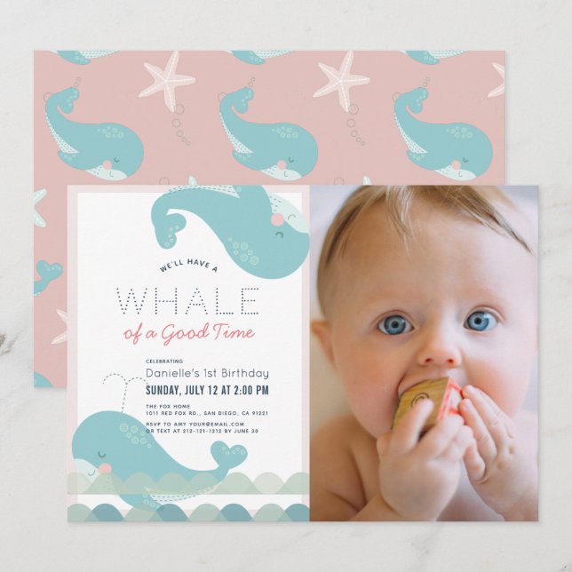 Valval av Bra Time Rosa Girl 1:a födelsedagsfoto Inbjudningar (Fram/baksida)