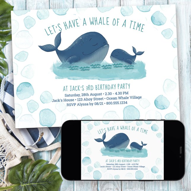 Valval av tidvattendjur Boys Birthday i Lycklig Inbjudningar (Whale of a Time nautical themed birthday invitation)