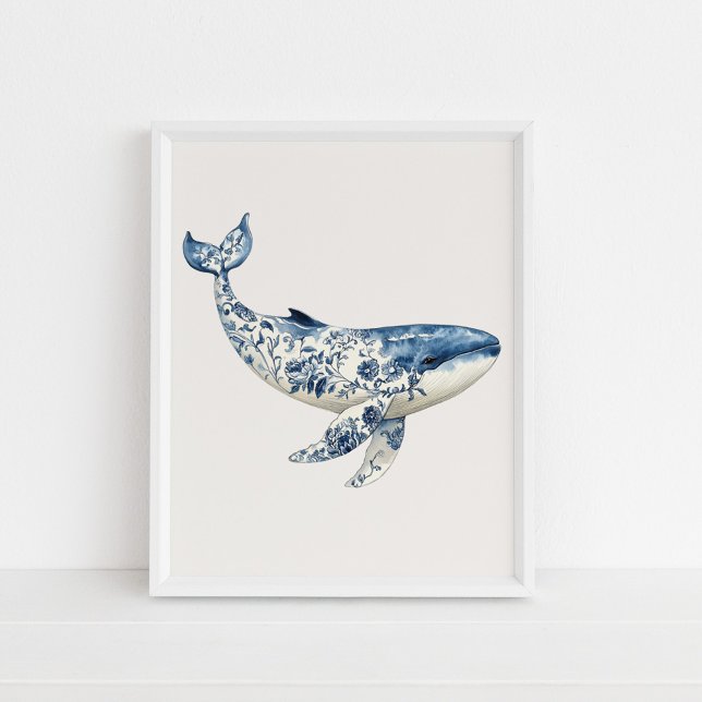 Valval - Kustblått på Beige Wall Art Poster (Whale – Coastal Blue on Beige Wall Art in a white frame on the floor.)