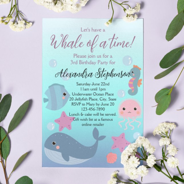 Valval under Havets strandfågeldag Inbjudningar (under the sea whale girls birthday party invitation
)