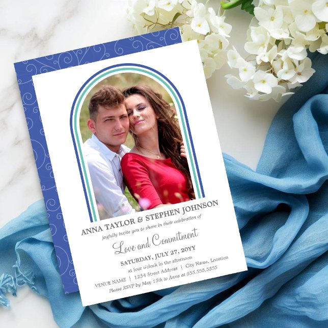 Valvbågar & fotoförlovningsceremoni inbjudningar (Contemporary and simple photo arches commitment ceremony invitation front and back.)