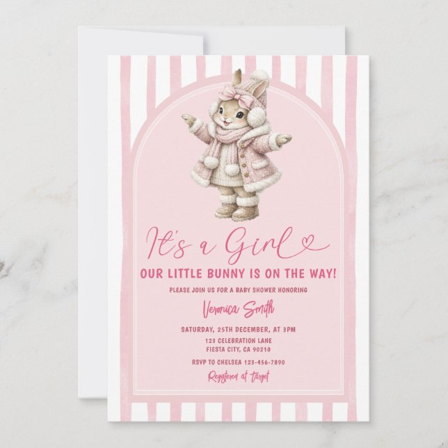 Valvbåge Boho Söt Kanin rosa rosett baby shower Inbjudningar (Framsida)